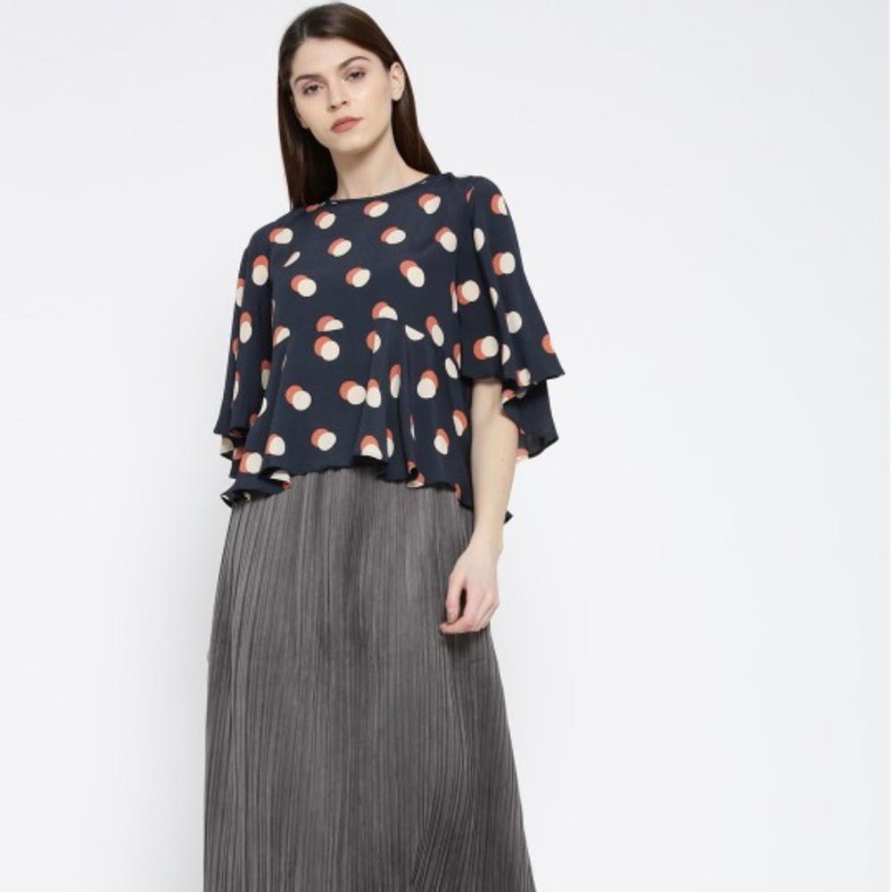 Kimono Flared Sleeve Navy Blue Tangerine Polka Dot Print A-Line Blouse Small